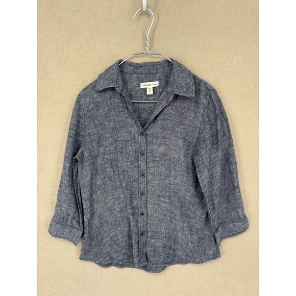 Coldwater Creek Tops - Coldwater Creek Blouse S Blue Linen Button Up 3/4 Sleeves